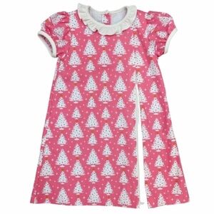 JAMES & LOTTIE GIRLS ROSIE DRESS WITH PLEAT - PINK CHRISTMAS TREES (Size 8)